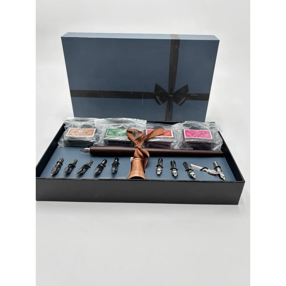 Calligraphy Dip Pen Set 10 Nibs 4 Color Inks Wax Seal Writing Gift Box